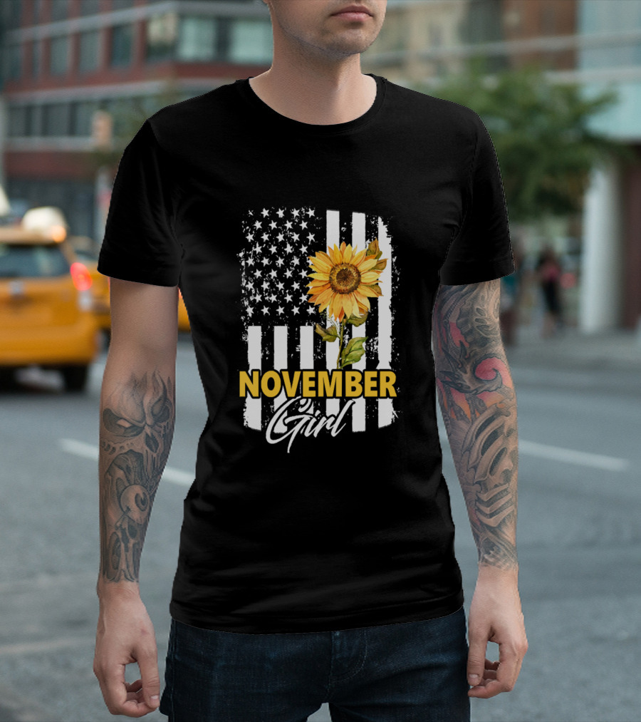 November Girl Sunflower American Flag T-Shirt