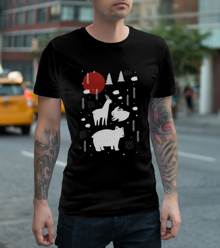 Forest Animals Deer Rabbit Bear Winter Scene with Red Moon and Trees T-Shirt