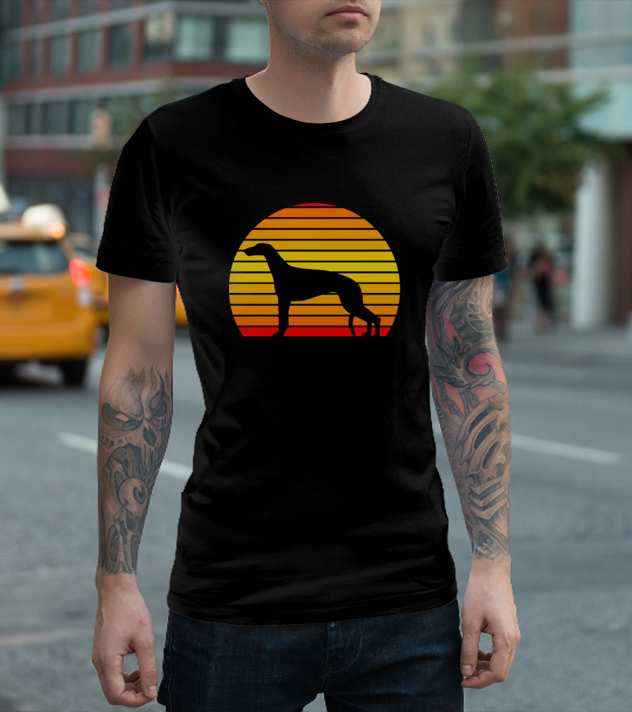 Greyhound Silhouette Against Striped Sunset Background T-Shirt