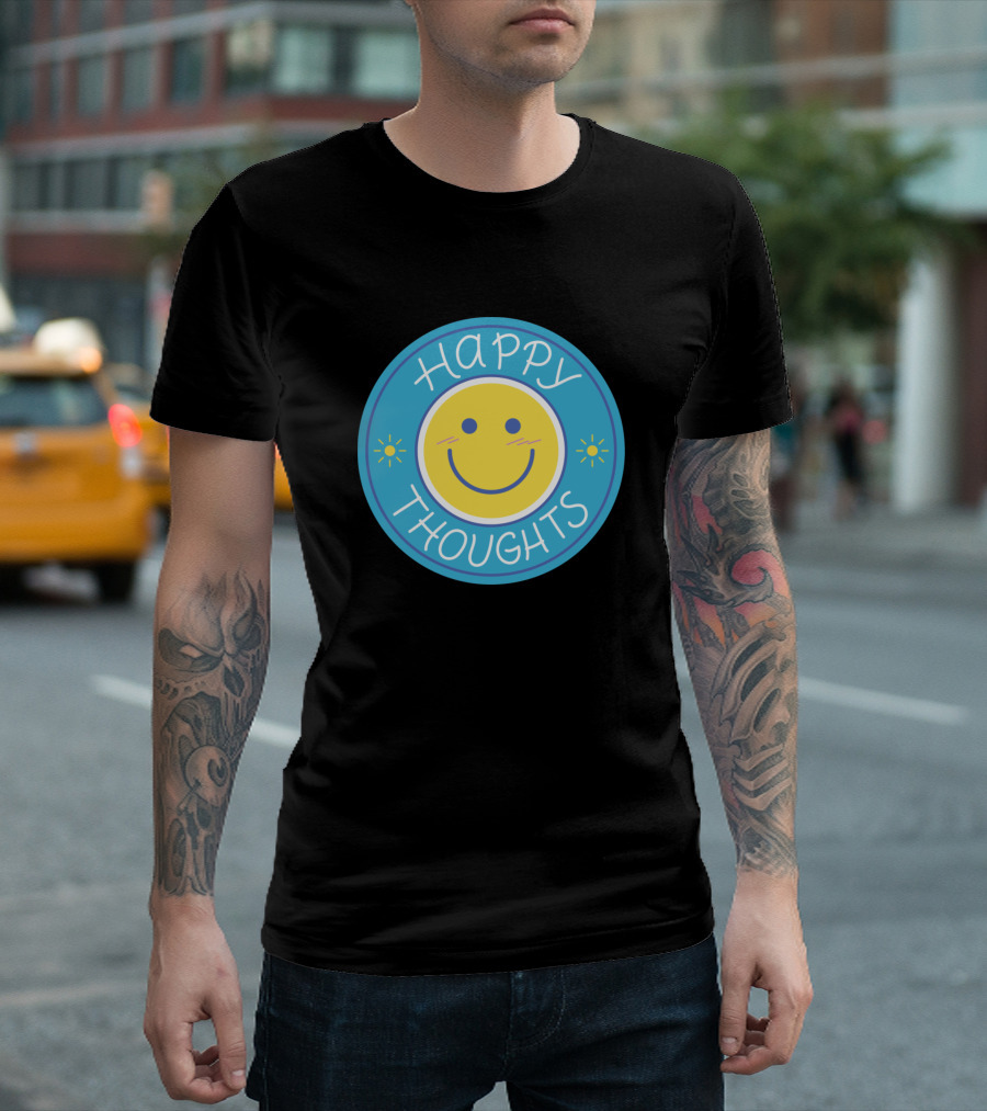 Happy Thoughts Smiley Face Round Graphic Blue And Yellow T-Shirt
