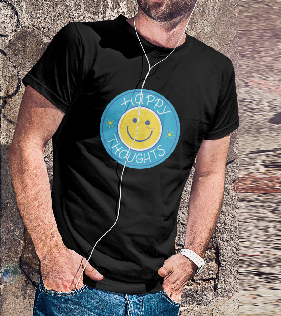 Happy Thoughts Smiley Face Round Graphic Blue And Yellow T-Shirt