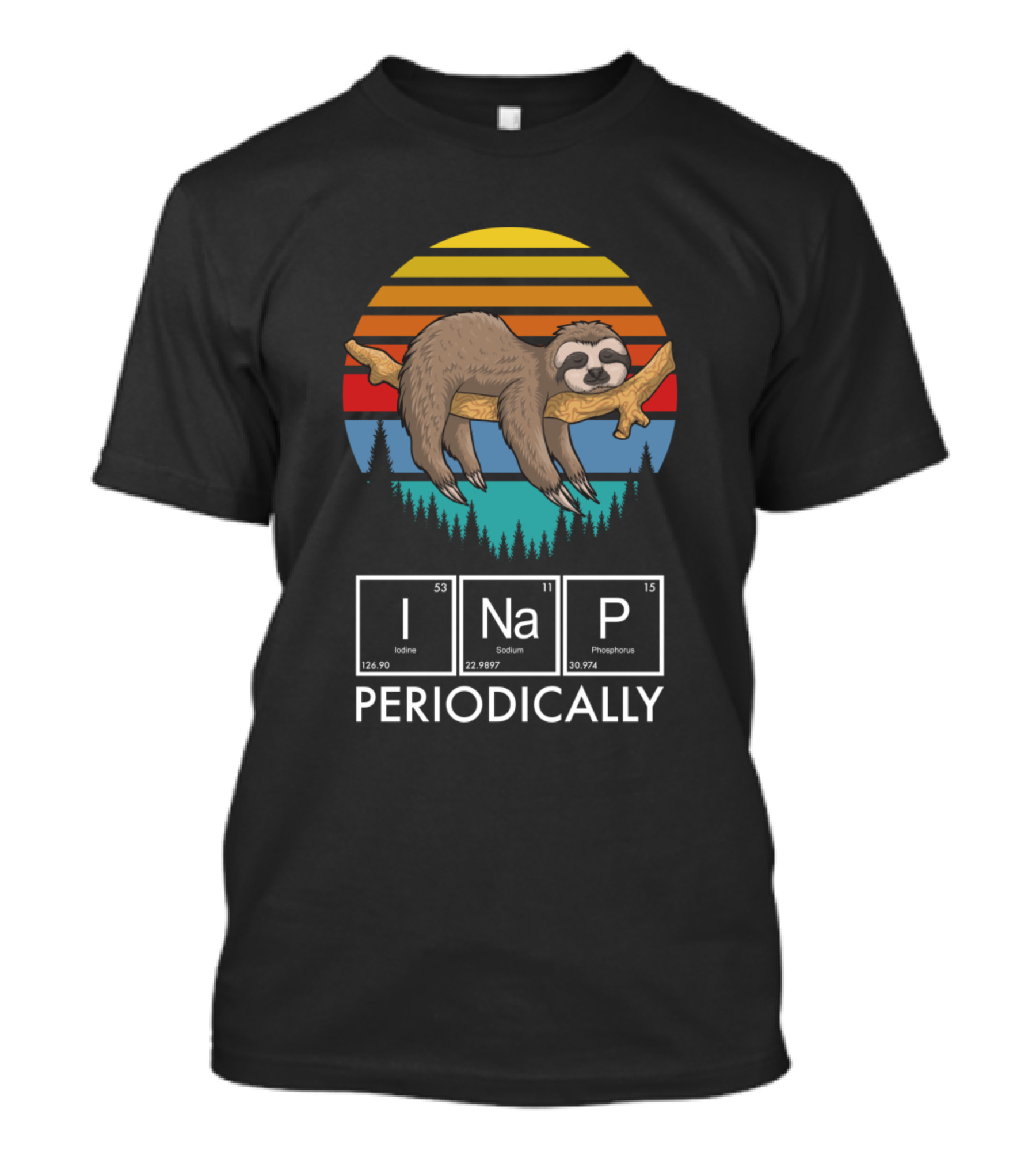 I Nap Periodically Sloth On Branch Over Striped Sunset With Periodic Table Elements T-Shirt