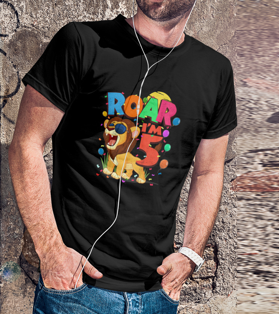 Roar I'm 5 Year Old Birthday Celebration Lion T-Shirt