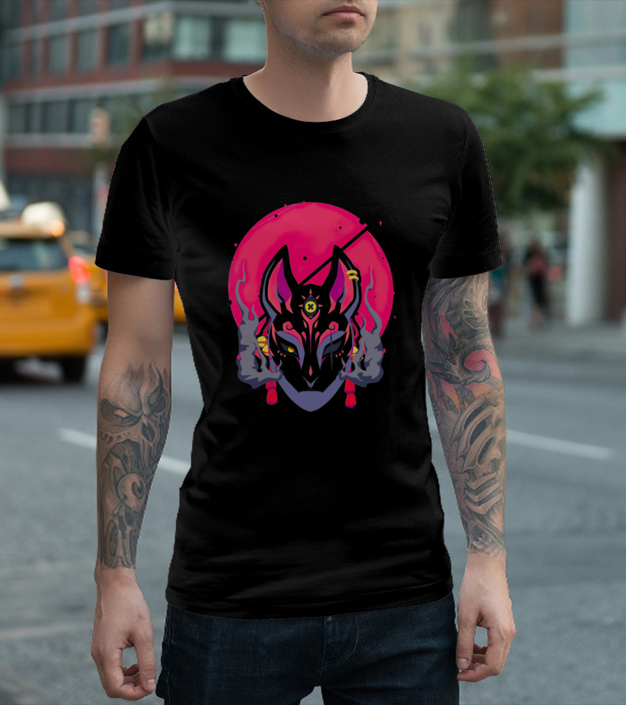 Kitsune Mask with Red Moon and Smoke Elements T-Shirt