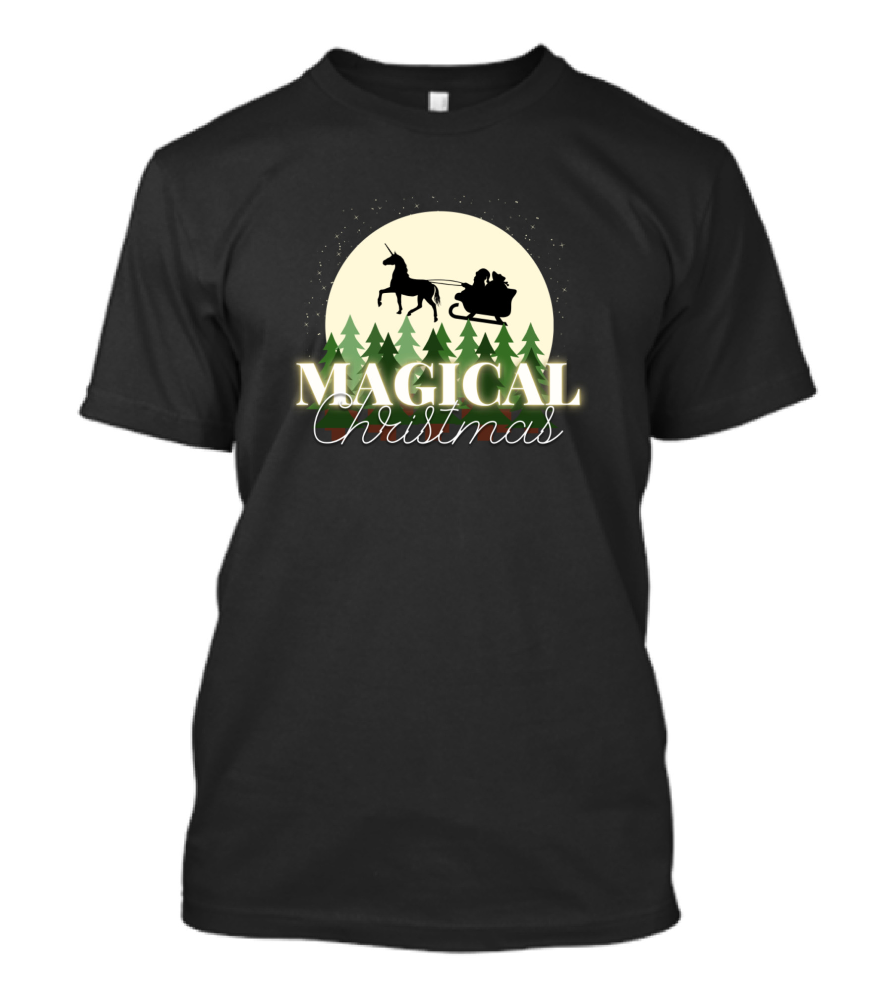Magical Christmas Unicorn Silhouette With Santa Sleigh And Pine Trees T-Shirt