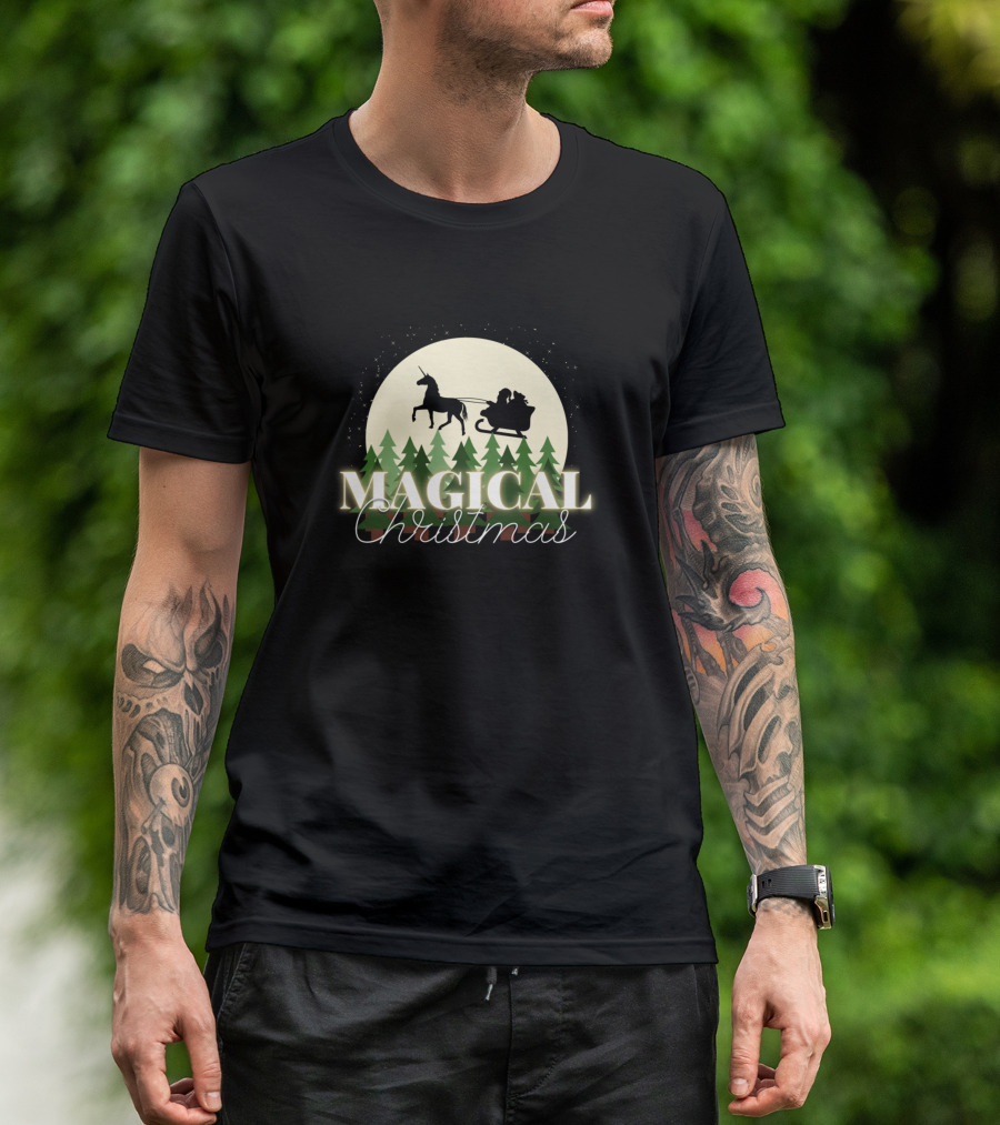Magical Christmas Unicorn Silhouette With Santa Sleigh And Pine Trees T-Shirt
