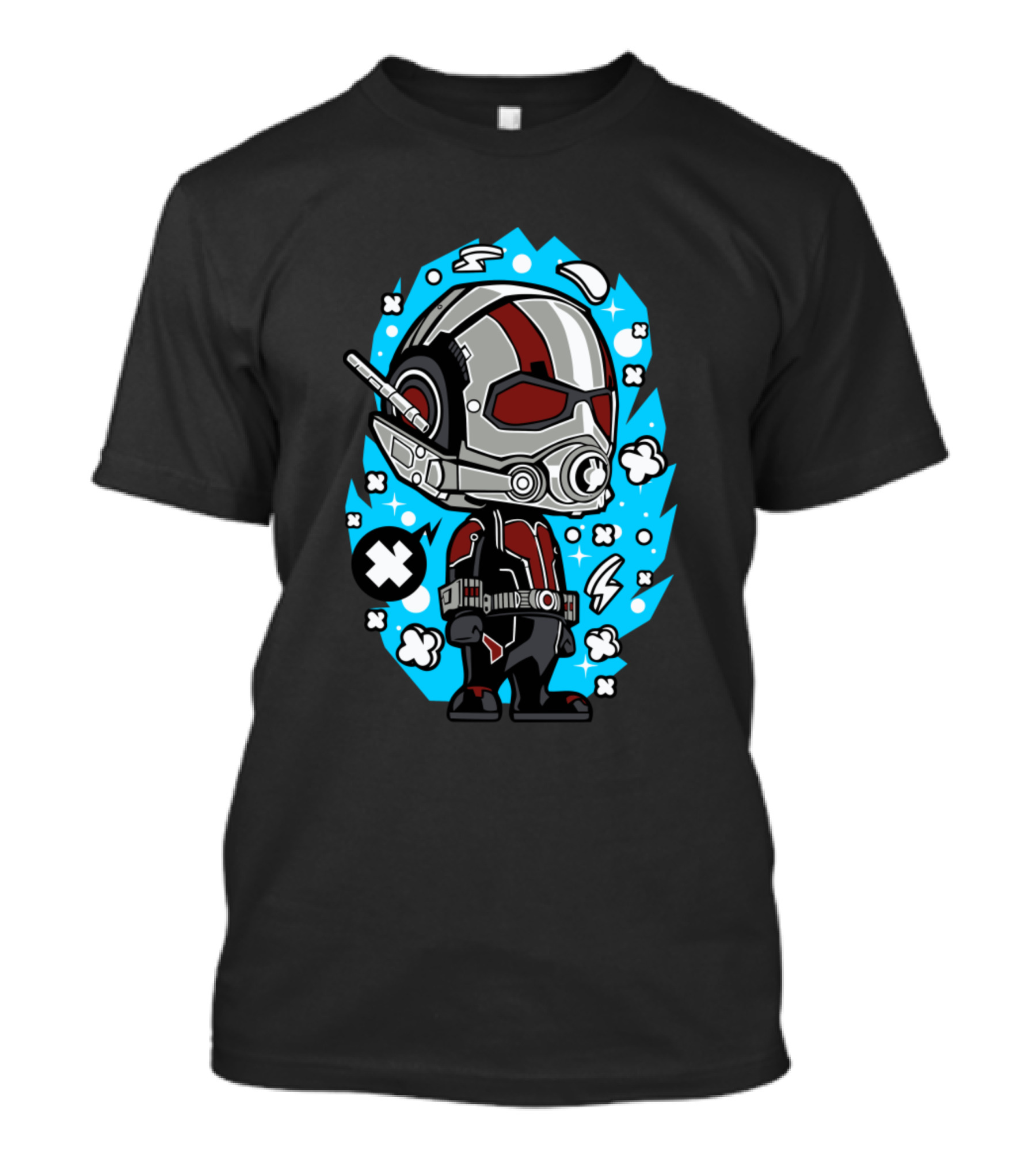 Ant Man Cartoon Character Helmet And Suit With Comic Style Icons T-Shirt