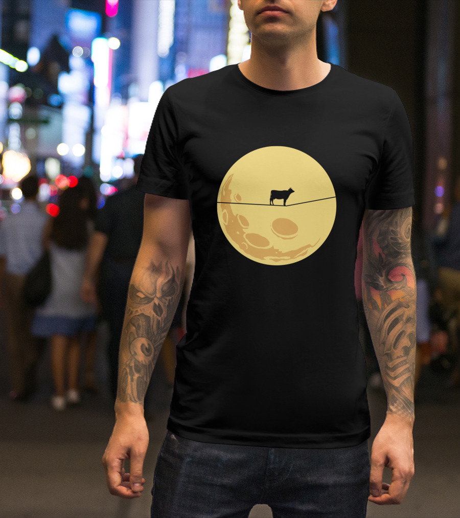 Cow Walking On Tightrope Against Full Moon T-Shirt