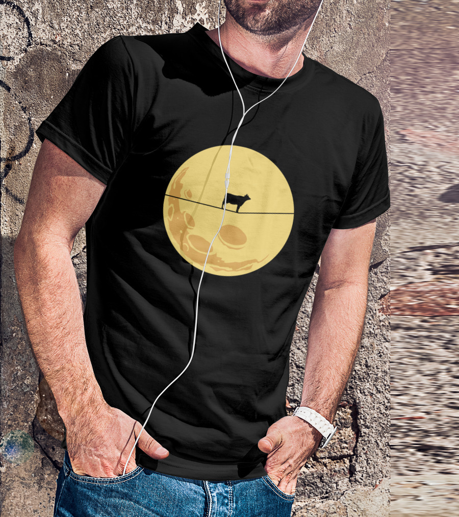 Cow Walking On Tightrope Against Full Moon T-Shirt