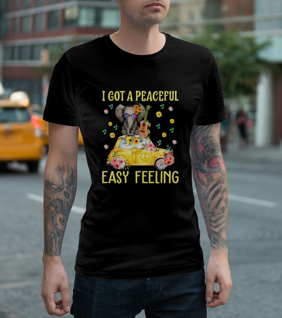 I Got a Peaceful Easy Feeling Elephant with Flowers and Guitar on Yellow Hippie Van T-Shirt