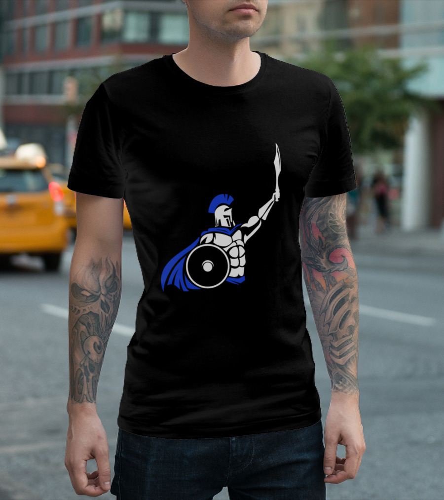 Knight With Blue Cape and Sword Raising Shield T-Shirt