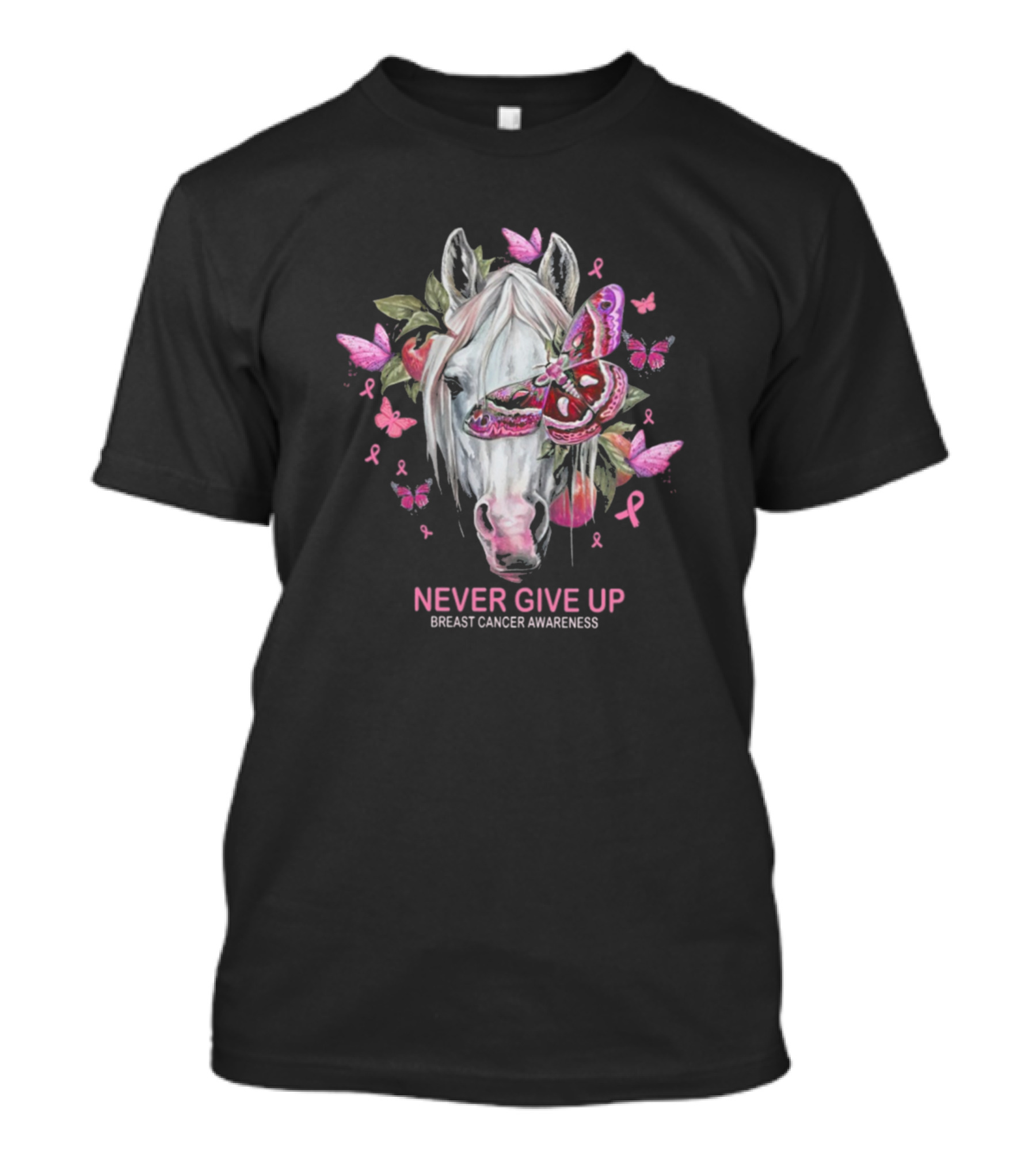Never Give Up Breast Cancer Awareness Horse With Butterflies And Ribbons T-Shirt
