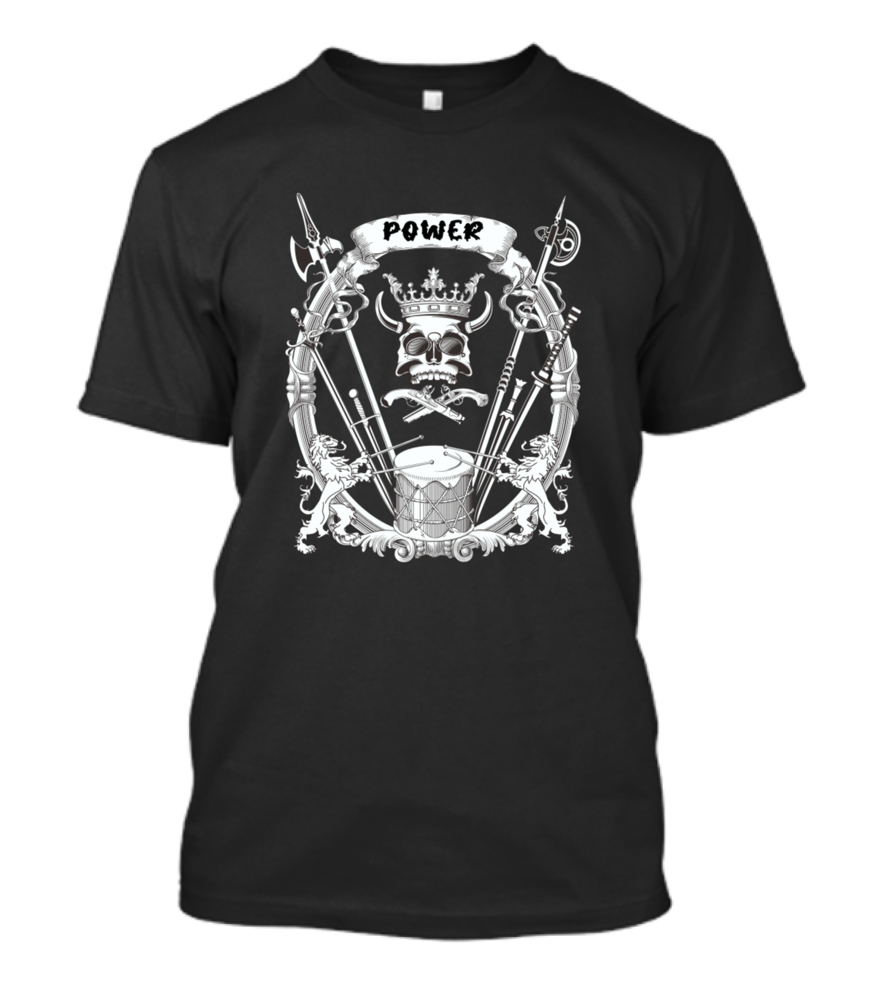 Power Skull Crowned With Crossed Swords And Lions T-Shirt