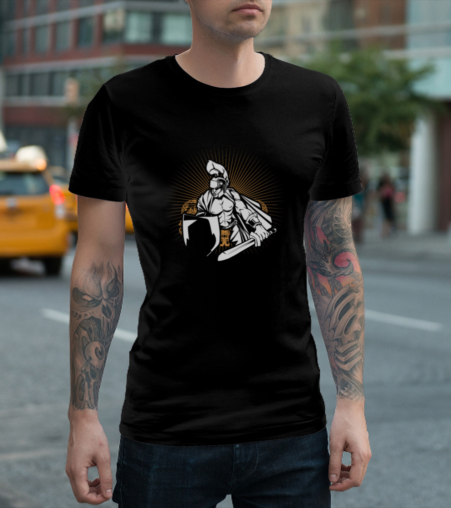 Roman Soldier Gladiator Warrior Shield Sword Armor Sunburst T-Shirt