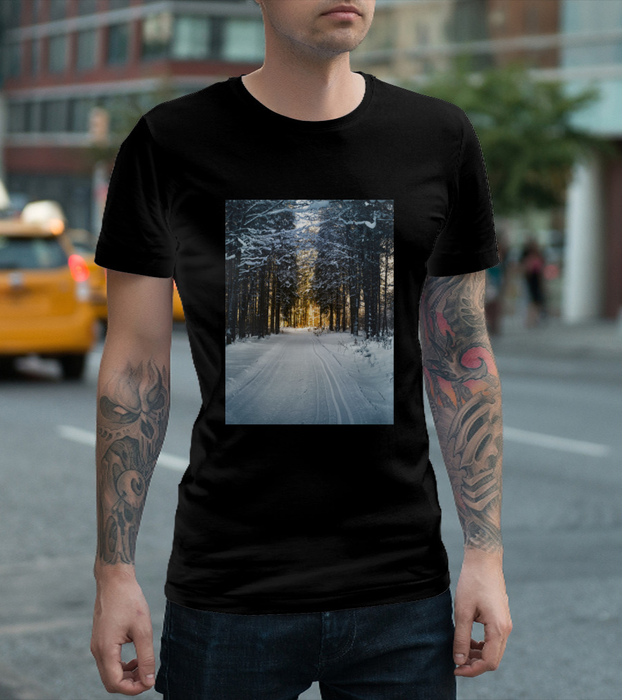 The Winter Road Through Snowy Forest Pathway T-Shirt