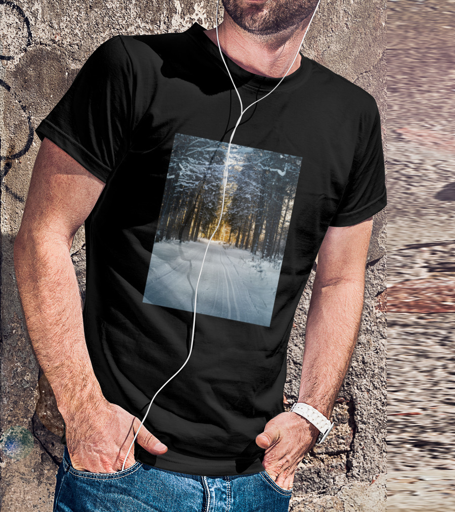 The Winter Road Through Snowy Forest Pathway T-Shirt