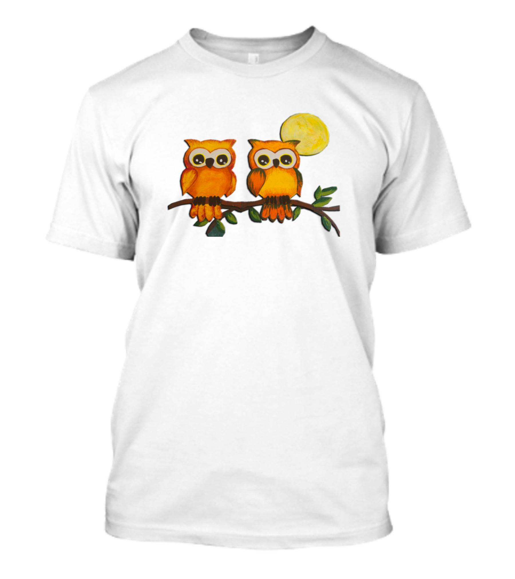 Owls On Branch Under Yellow Moon T-Shirt