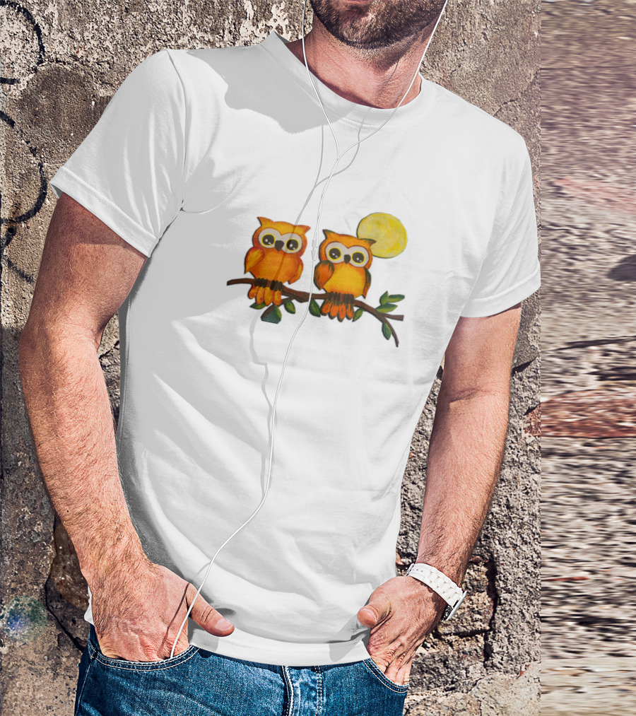 Owls On Branch Under Yellow Moon T-Shirt