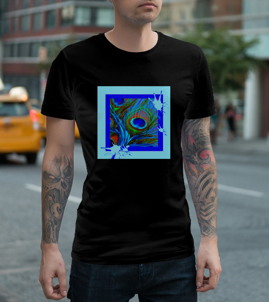 Peacock Feathers Vibrant Blue Splatters T-Shirt