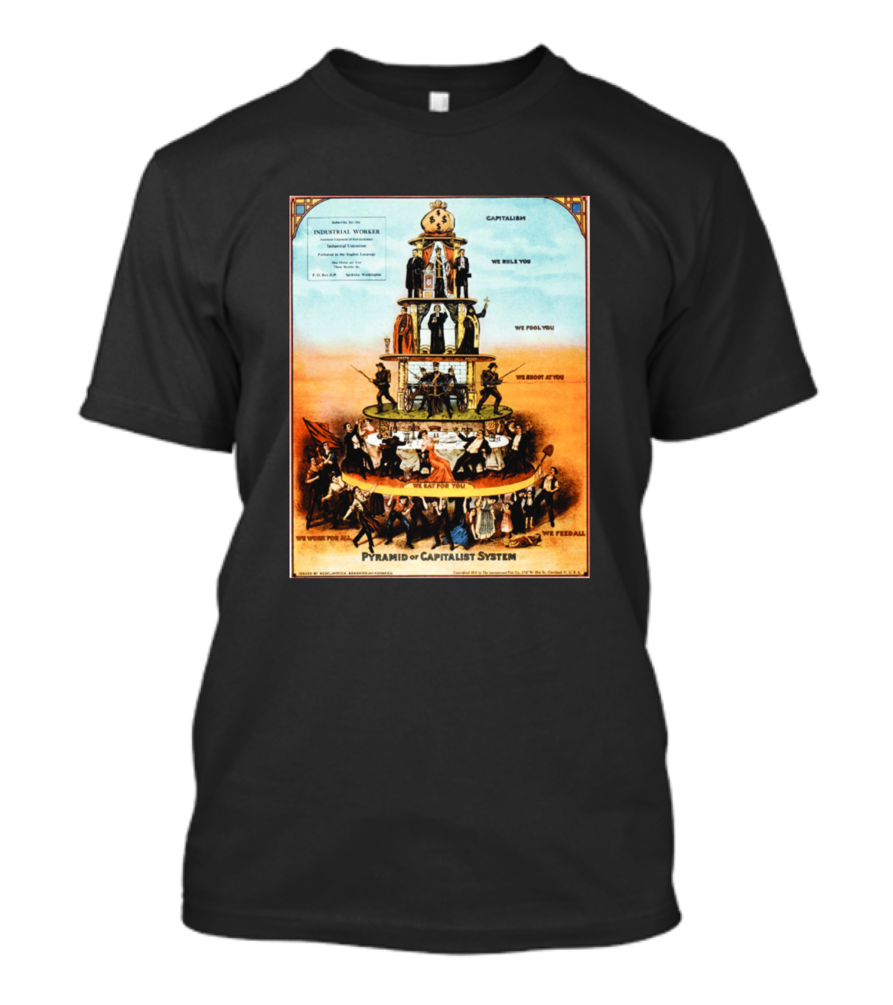 Pyramid Of Capitalist System Industrial Worker We Rule You We Fool You We Shoot At You We Eat For You We Work For All We Feed All T-Shirt