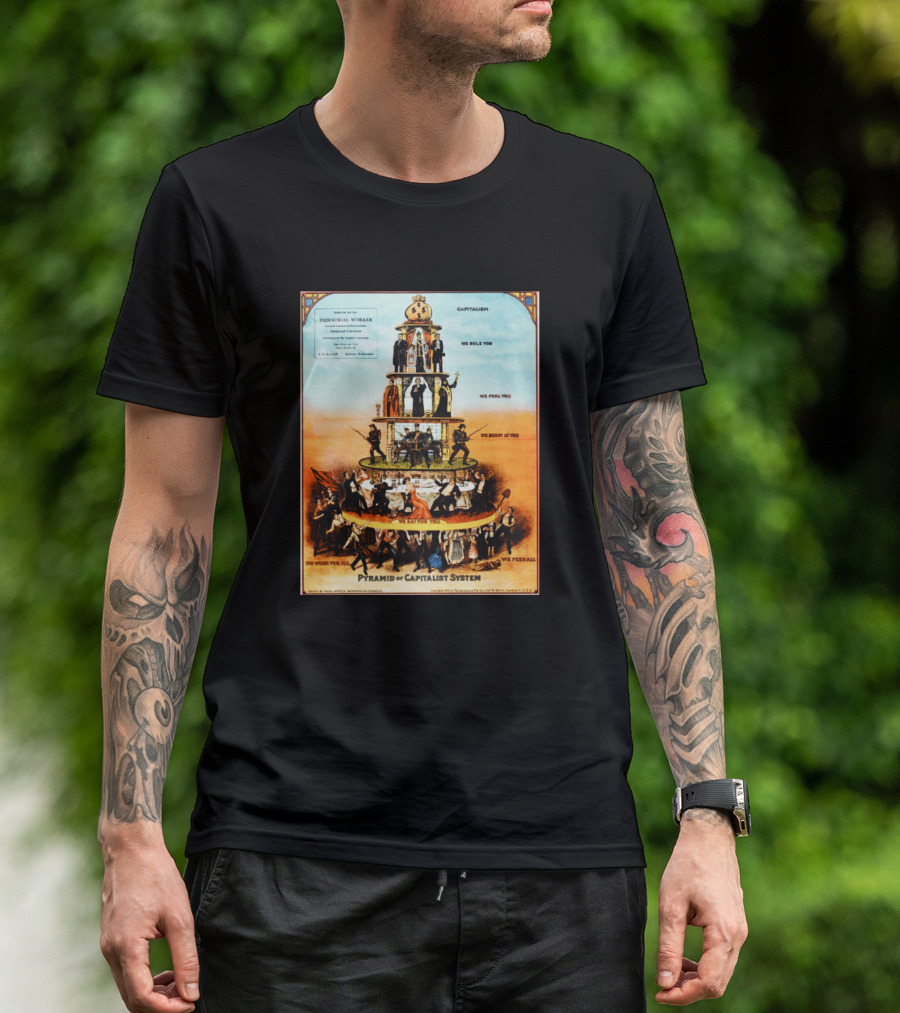 Pyramid Of Capitalist System Industrial Worker We Rule You We Fool You We Shoot At You We Eat For You We Work For All We Feed All T-Shirt