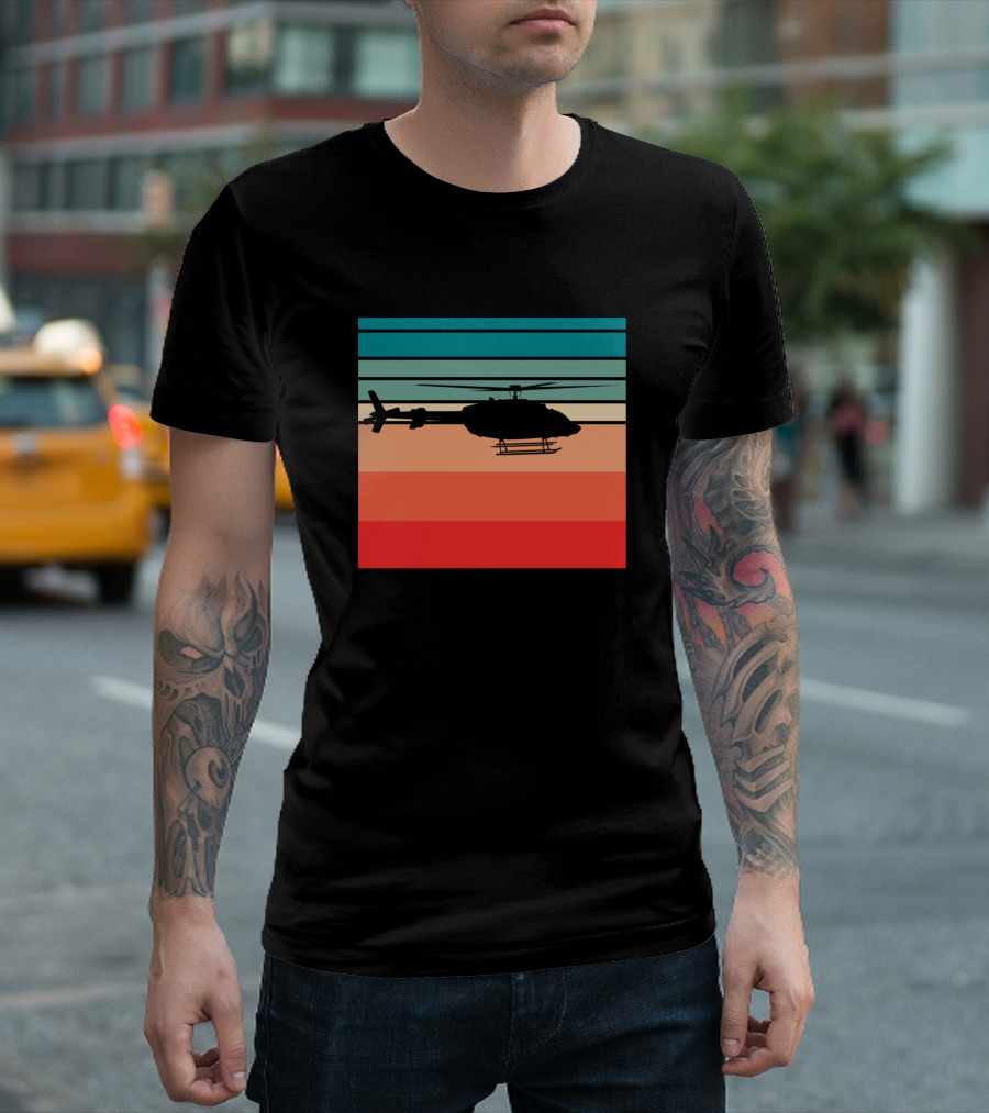 Retro Sunset Helicopter Silhouette Vintage Stripes T-Shirt