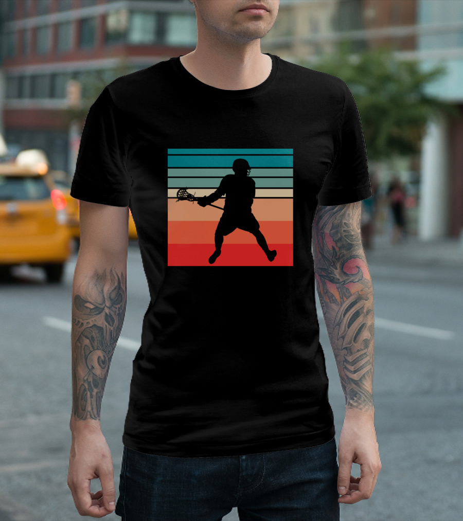 Retro Lacrosse Player Silhouette On Striped Sunset Background T-Shirt