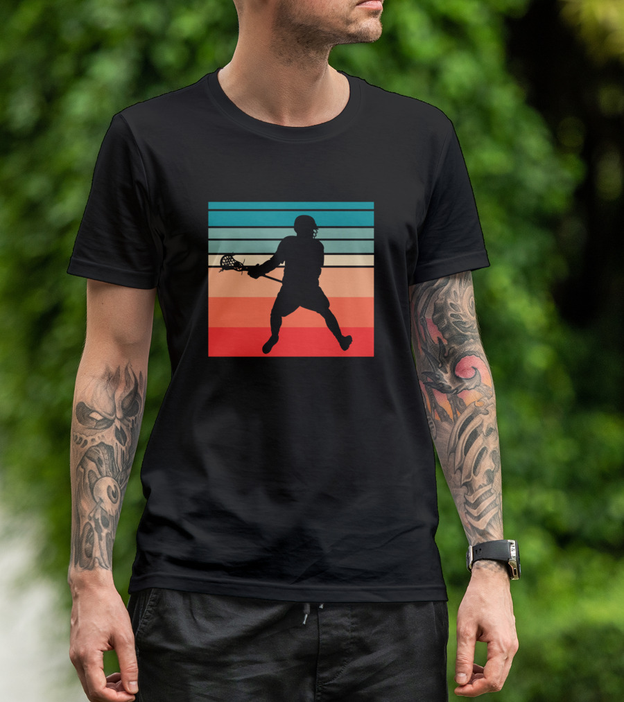 Retro Lacrosse Player Silhouette On Striped Sunset Background T-Shirt