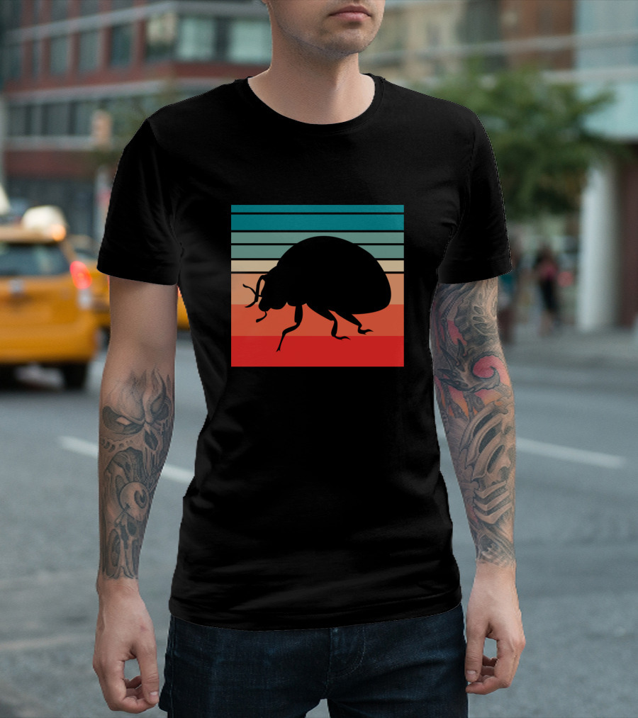 Retro Ladybug Silhouette with Striped Sunset Background T-Shirt