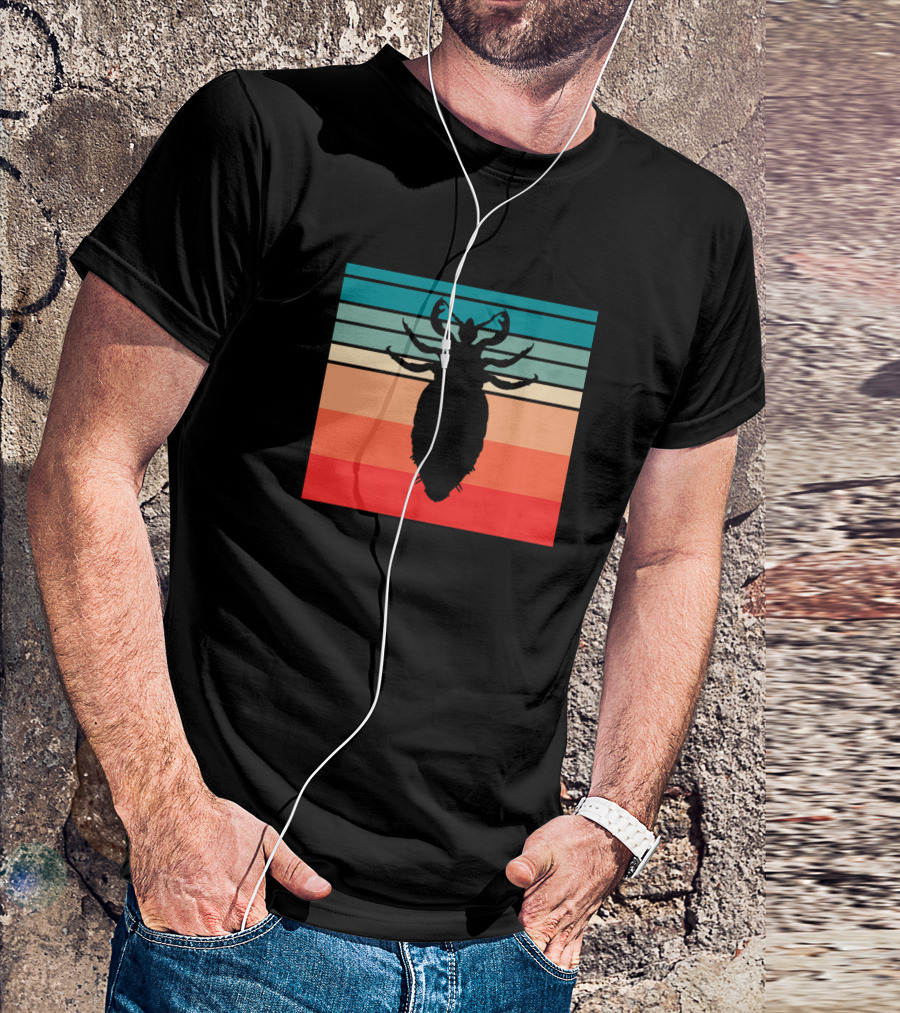 Retro Lice Silhouette On Vintage Striped Sunset Teal Orange Red Gradient T-Shirt