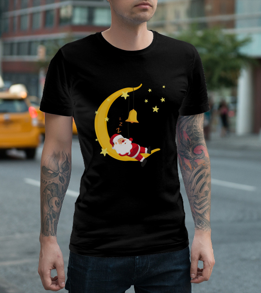 Santa Taking Nap On The Moon With Stars And Bell T-Shirt