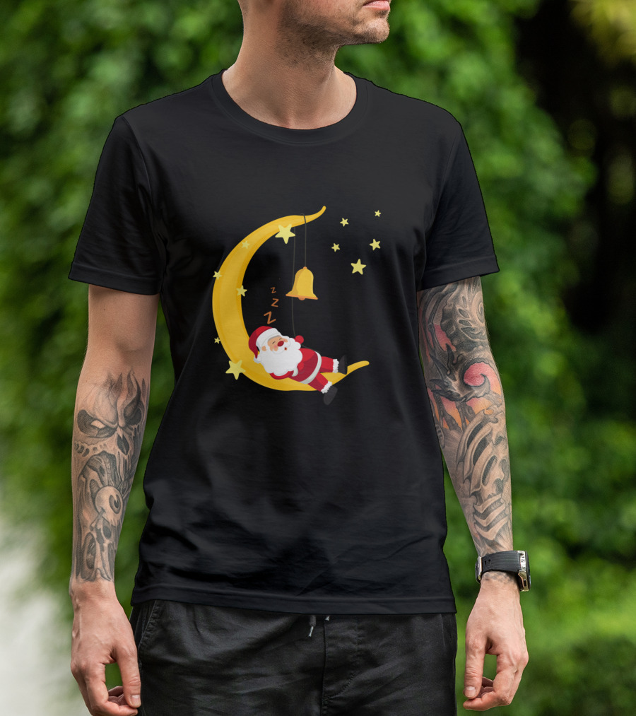 Santa Taking Nap On The Moon With Stars And Bell T-Shirt