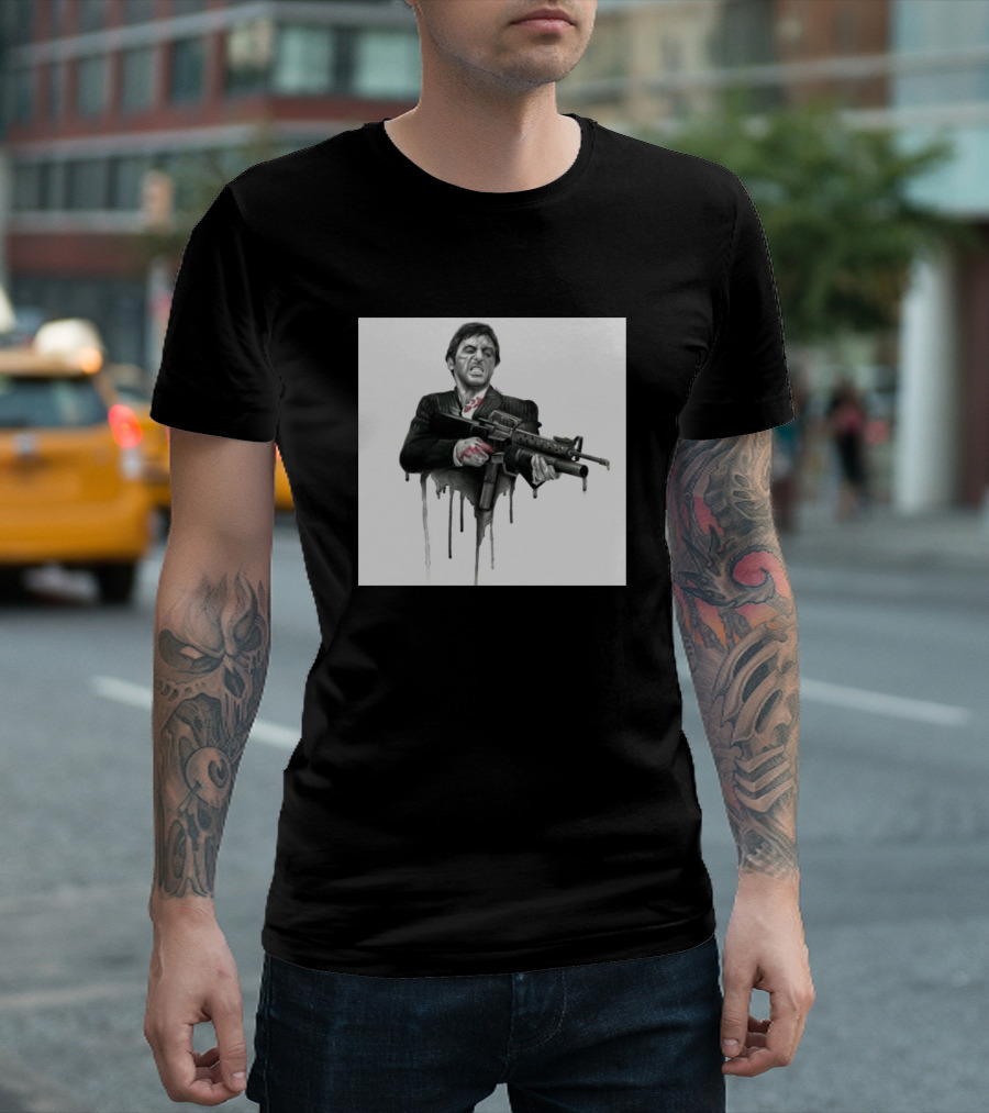 Scarface Tony Montana With Gun Dripping Paint Effect T-Shirt