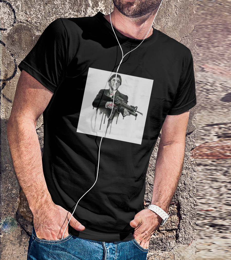 Scarface Tony Montana With Gun Dripping Paint Effect T-Shirt