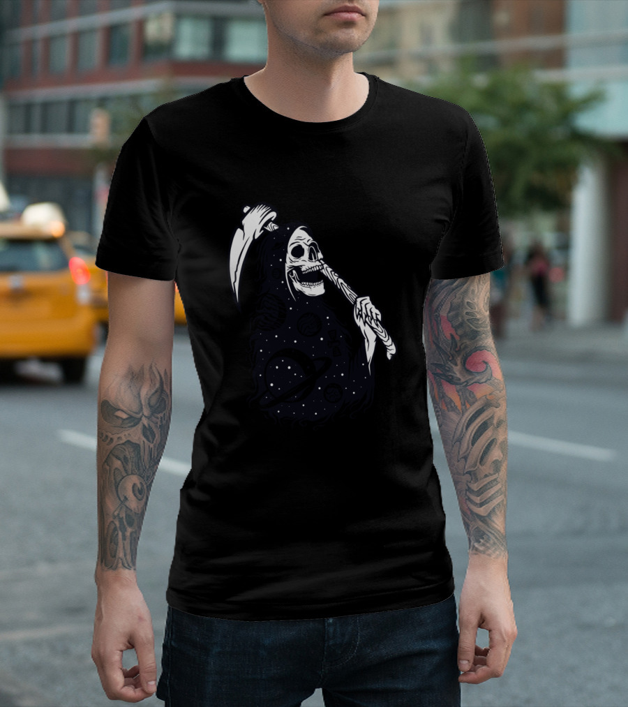Space Death Holding Scythe with Planetary Galaxy T-Shirt