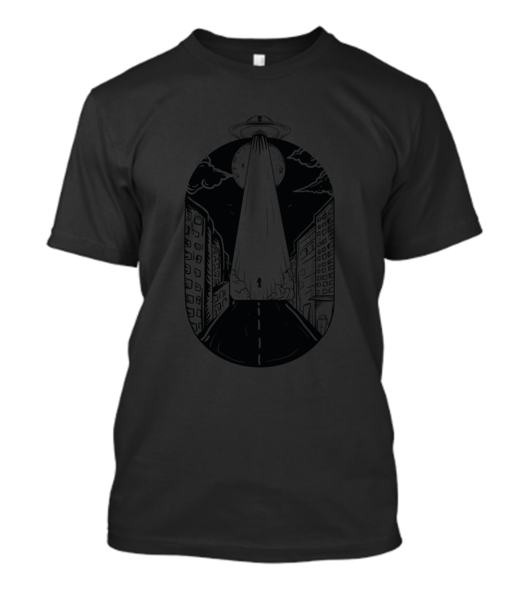 Space Galaxy Alien Abduction Scene With UFO In Dark Urban Nighttime Setting T-Shirt
