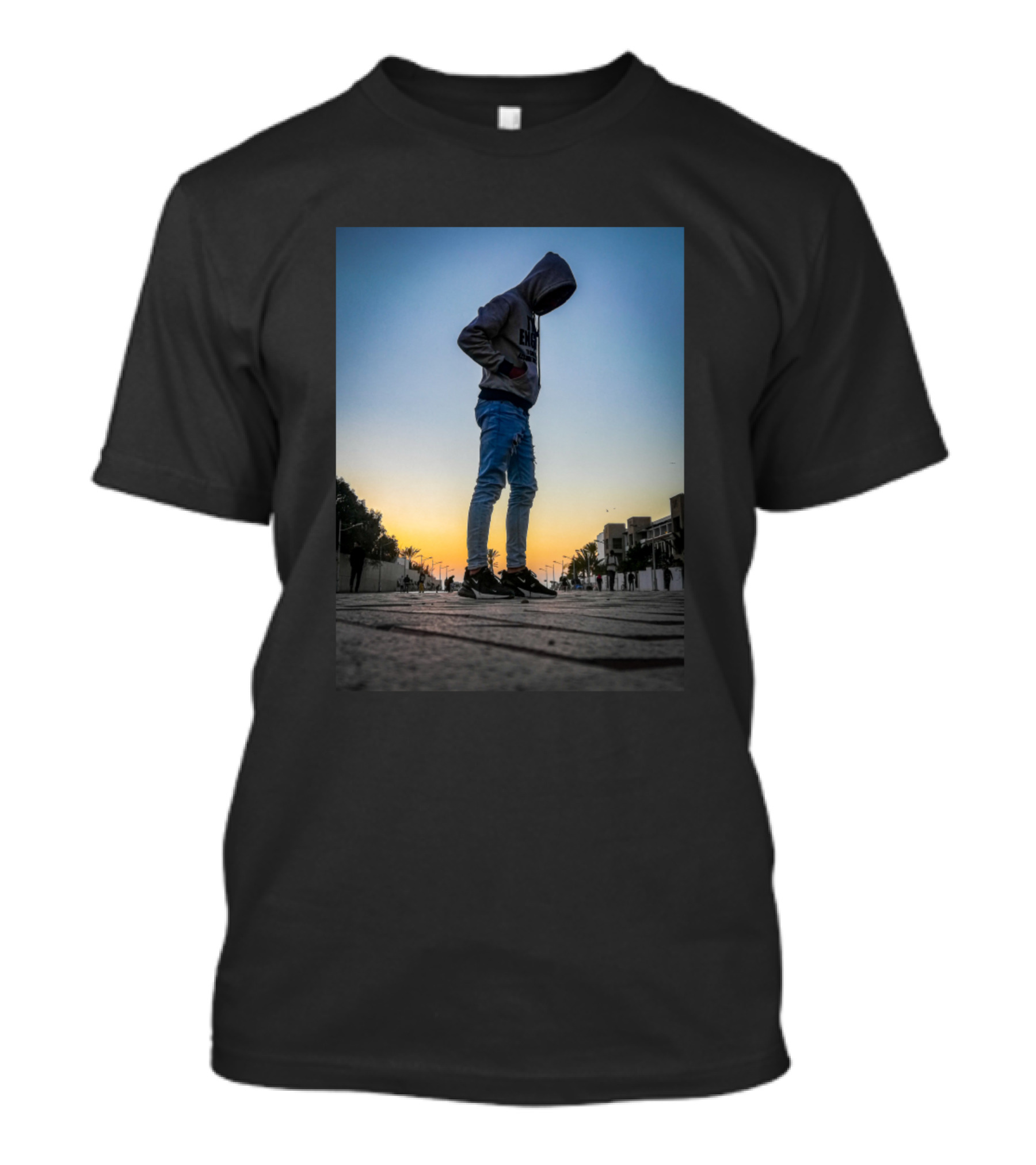 Sunset Hoodie Silhouette At Dusk In Urban Landscape T-Shirt