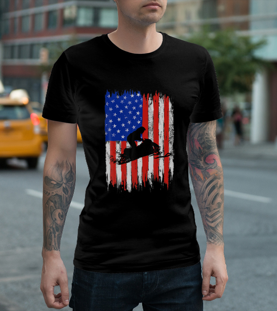Vintage Snowmobile American Flag USA T-Shirt