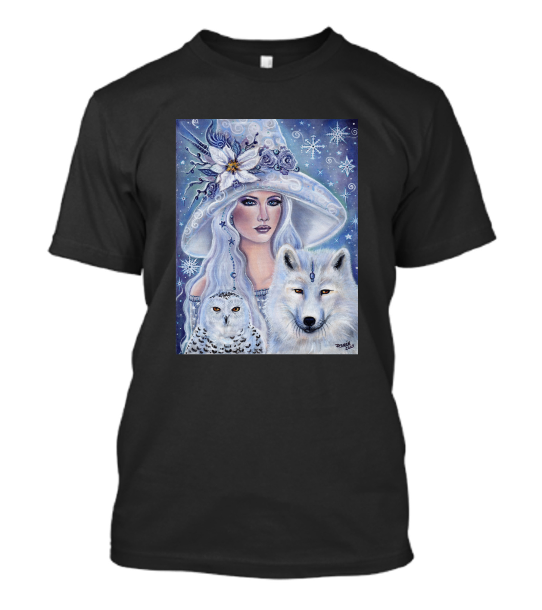 White Witch Wolf Snowy Owl Winter Stars Renee Lavoie T-Shirt