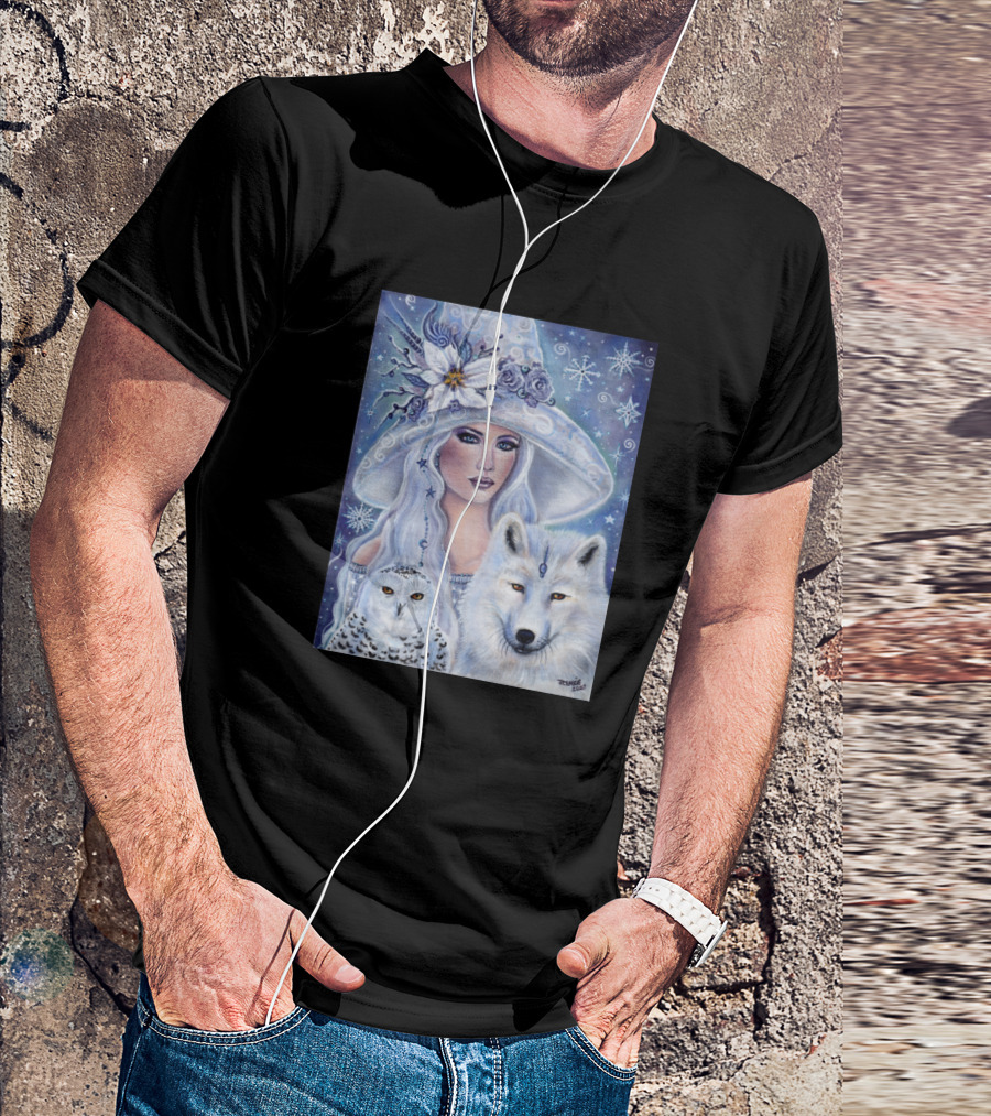 White Witch Wolf Snowy Owl Winter Stars Renee Lavoie T-Shirt