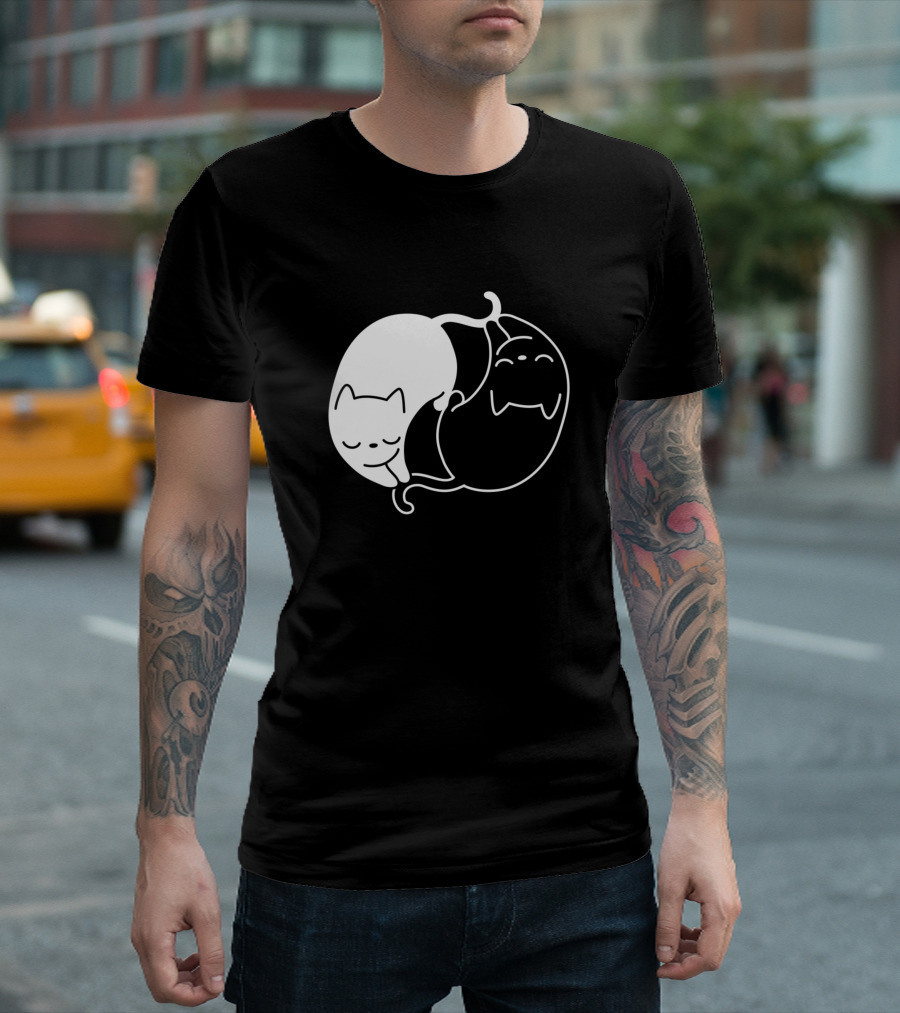 Yin Yang Cat Sisters Black and White Harmony T-Shirt