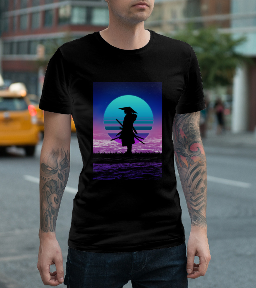 80S Samurai Retro Synthwave Sunset Scene T-Shirt