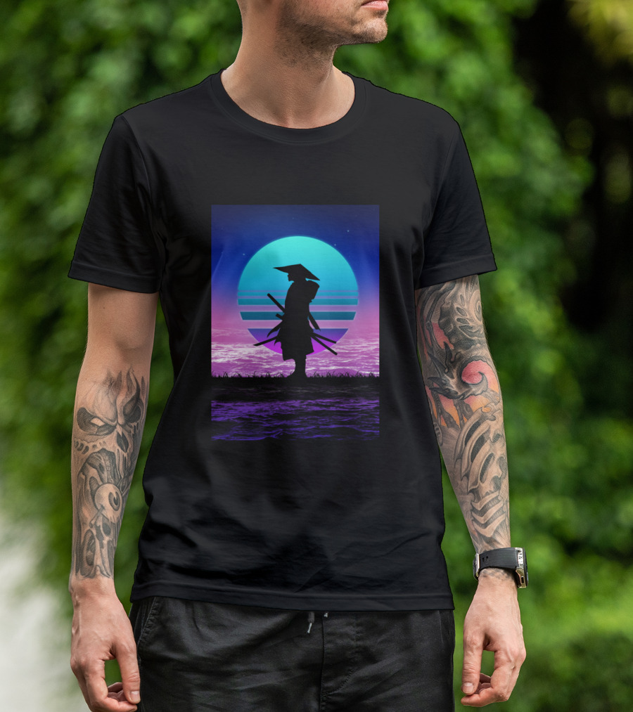 80S Samurai Retro Synthwave Sunset Scene T-Shirt