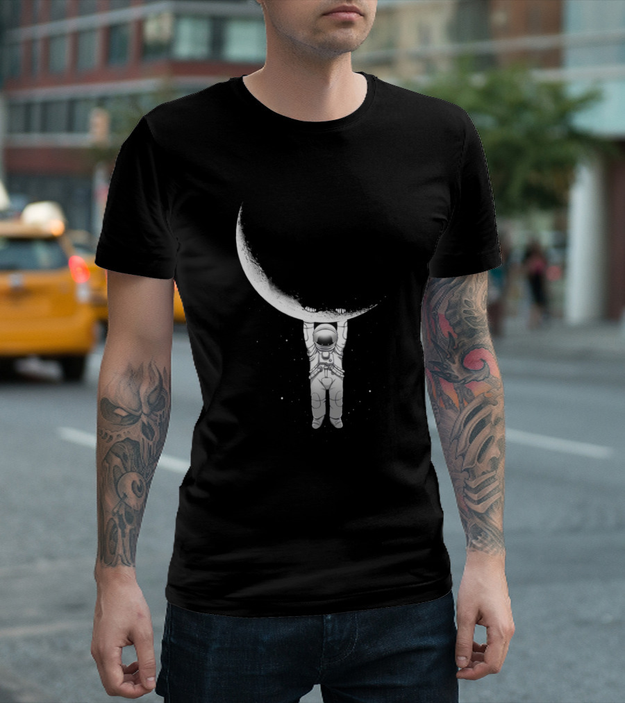 Astronut Space Astronaut Hanging from Crescent Moon T-Shirt