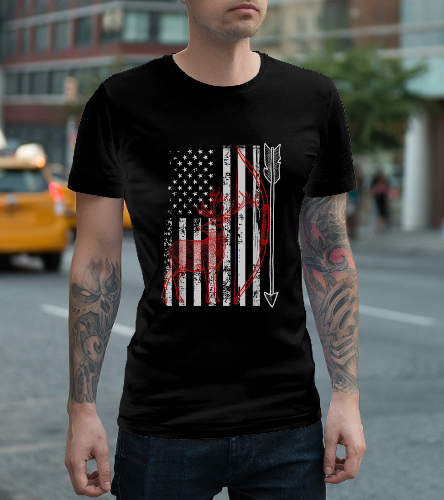 Crossbow Hunting Patriotic Deer With American Flag And Bow Arrow T-Shirt