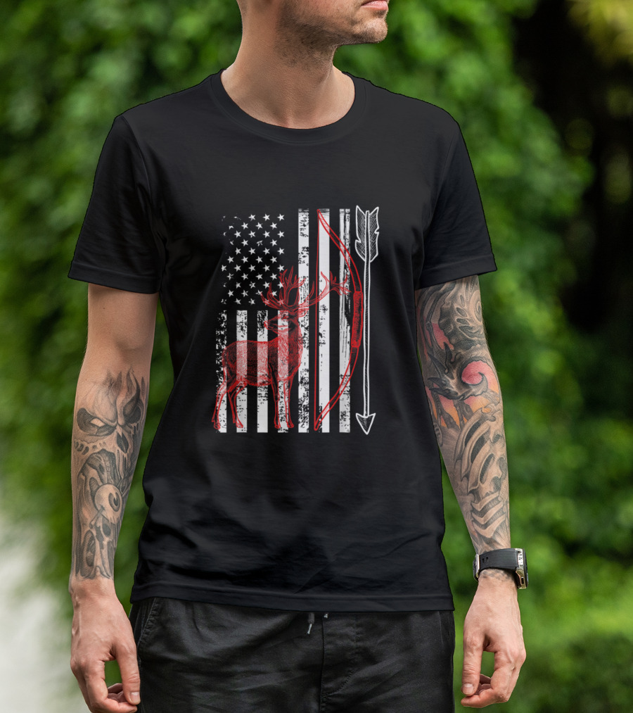 Crossbow Hunting Patriotic Deer With American Flag And Bow Arrow T-Shirt