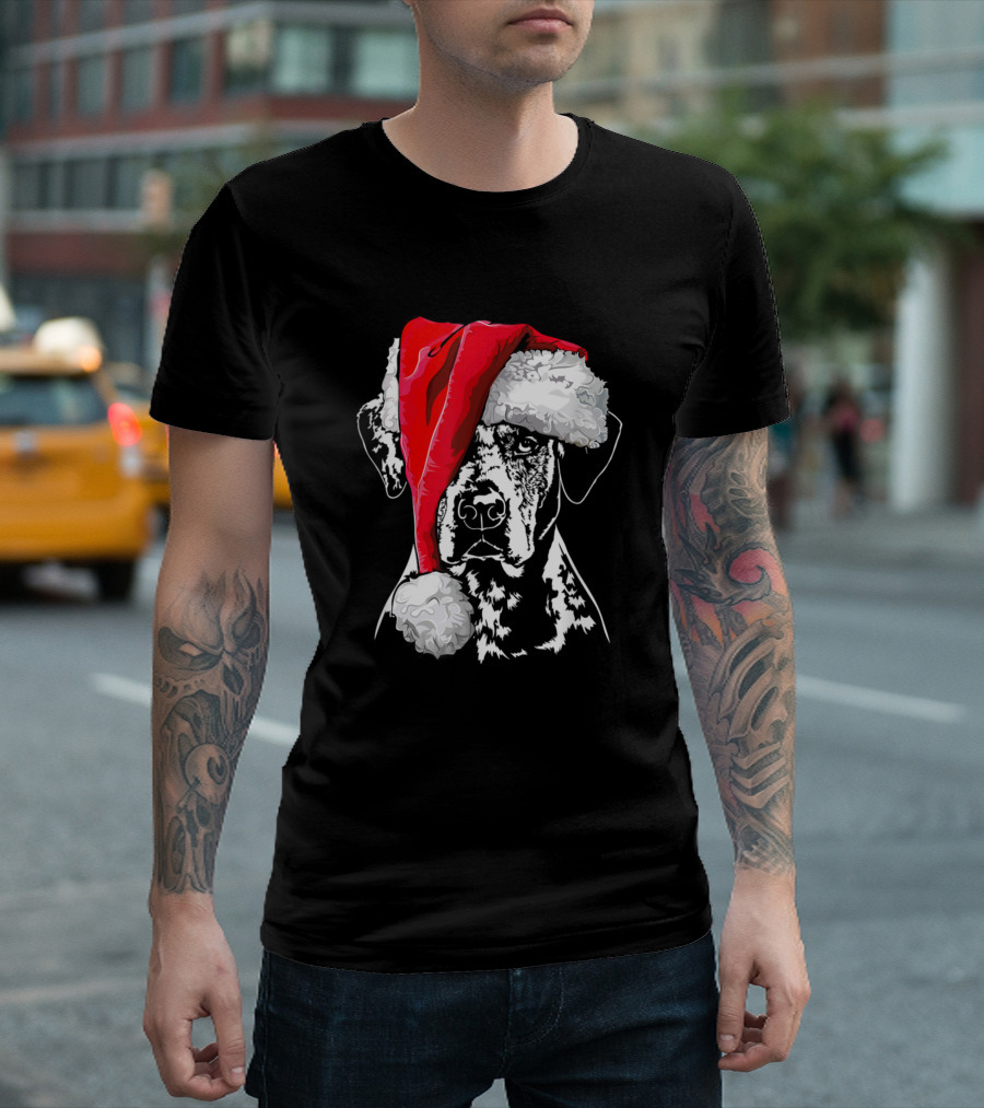 Catahoula Leopard Dog Wearing Santa Hat Funny Christmas Humor T-Shirt