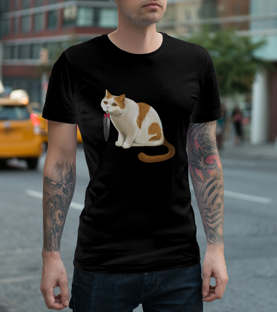 Cat Holding Fish with Red Bowtie T-Shirt