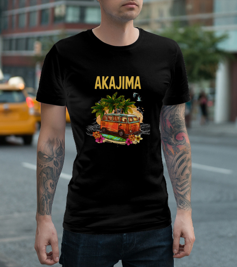 Akajima Surfing Adventure with Vintage Beach Bus and Palm Trees T-Shirt