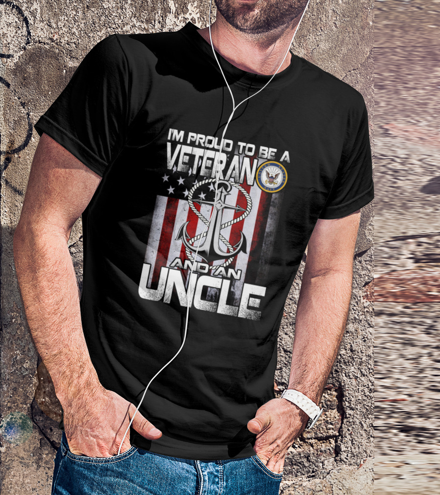 I'm Proud To Be A Veteran And An Uncle Navy Seal Anchor With American Flag Background T-Shirt
